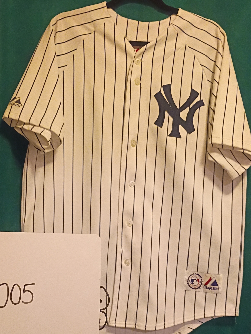 Majestic White Navy Pinstripe Baseball Jersey with NY Logo